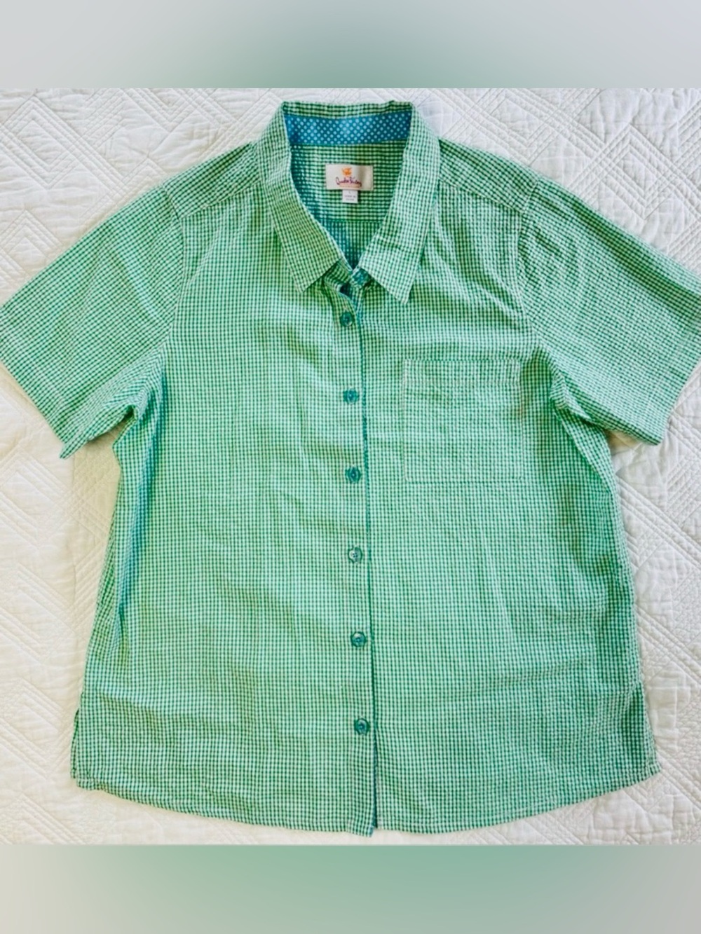 Quacker Factory Seersucker Short Sleeve Button-Down Shirt Woman’s Large Green